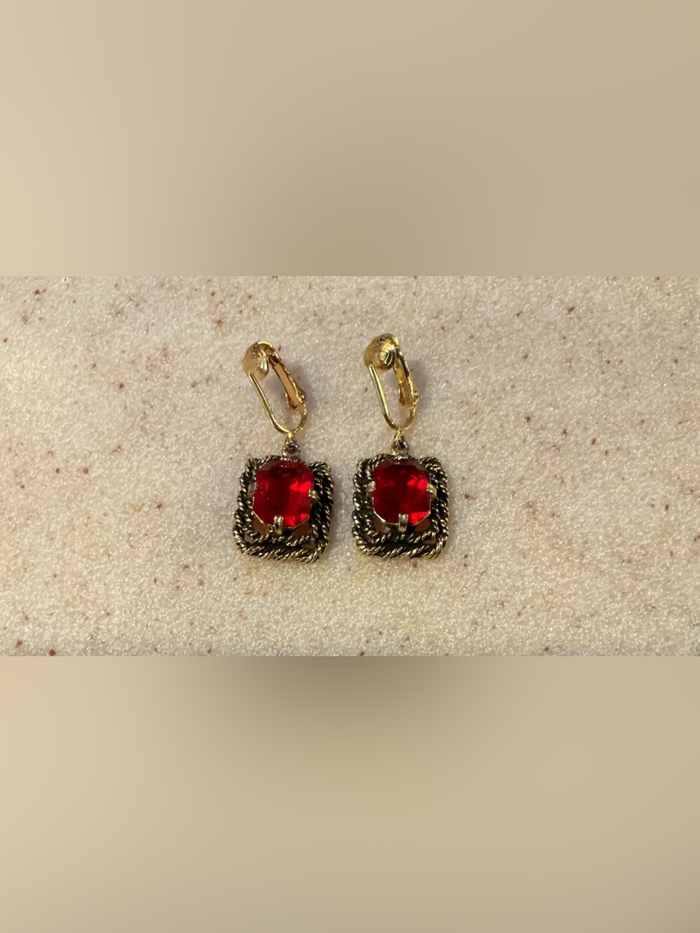 Sarah Coventry Gold-Tone Earrings with Red Square Stones